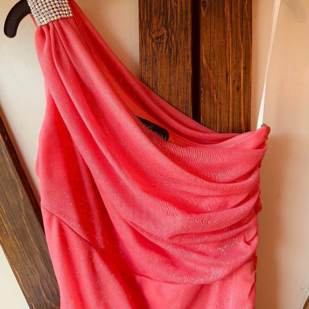Betsy & Adam Salmon Sparkle Floor Length One Shoulder Strap Dress - Picture 6 of 8